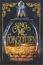 cover of YA fantasy Sing Me Forgotten, dark blue with a glass vial containing golden liquid