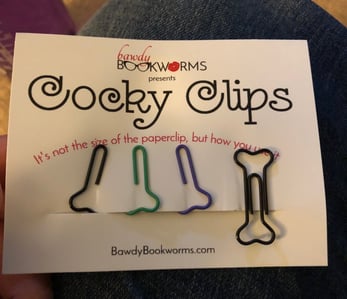 Close up of "Cocky Clips" paperclips